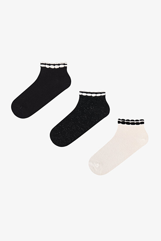 Black White Shiny Contrast Cotton Frilled 3 Pack Liner Socks - 1