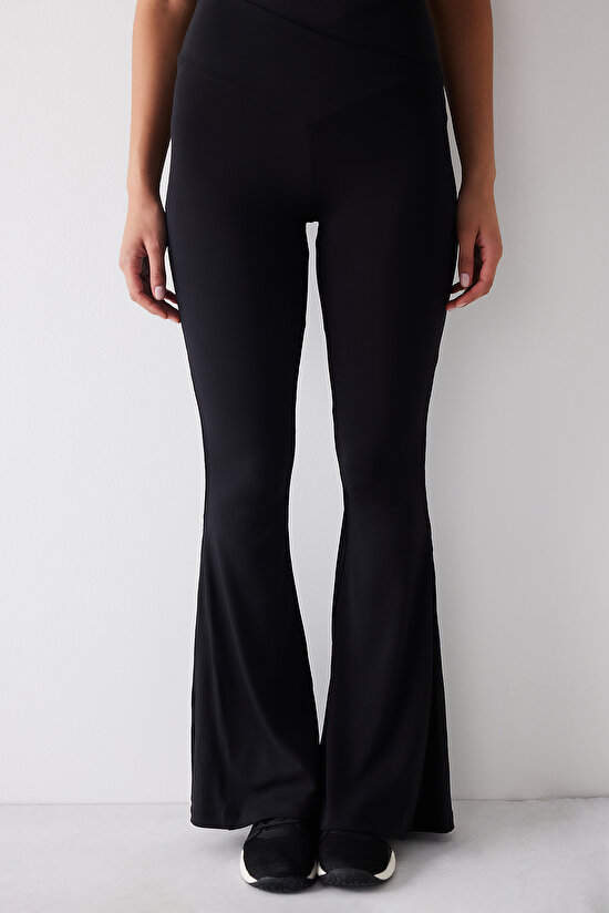 Siyah Çapraz Bel Detaylı Slim Fit Flare İspanyol Paça Pantolon - 2