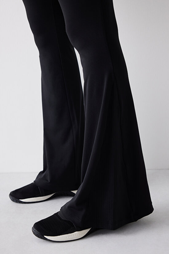 Siyah Çapraz Bel Detaylı Slim Fit Flare İspanyol Paça Pantolon - 3