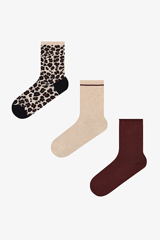 Burgundy Beige Relax Leopard Cotton 3 Pack Ankle Socks - 1