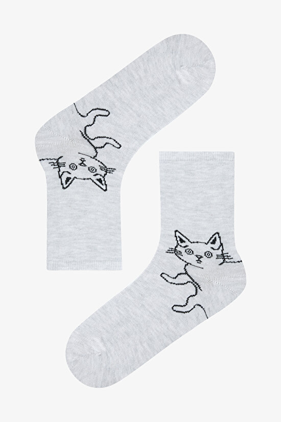 3 Çift Pamuklu Kedi Desenli Soket Çorap - 3