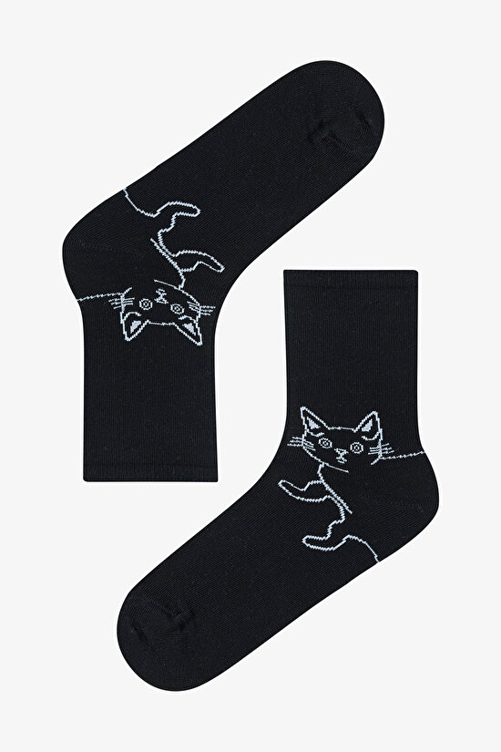 3 Çift Pamuklu Kedi Desenli Soket Çorap - 4