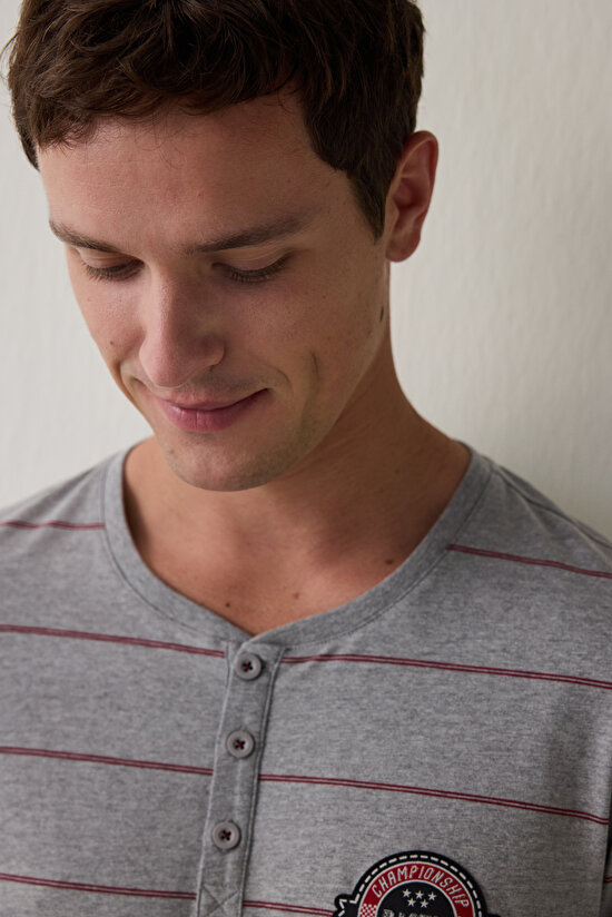 Melanj Erkek Çizgili Oversize Pijama Takımı - 3