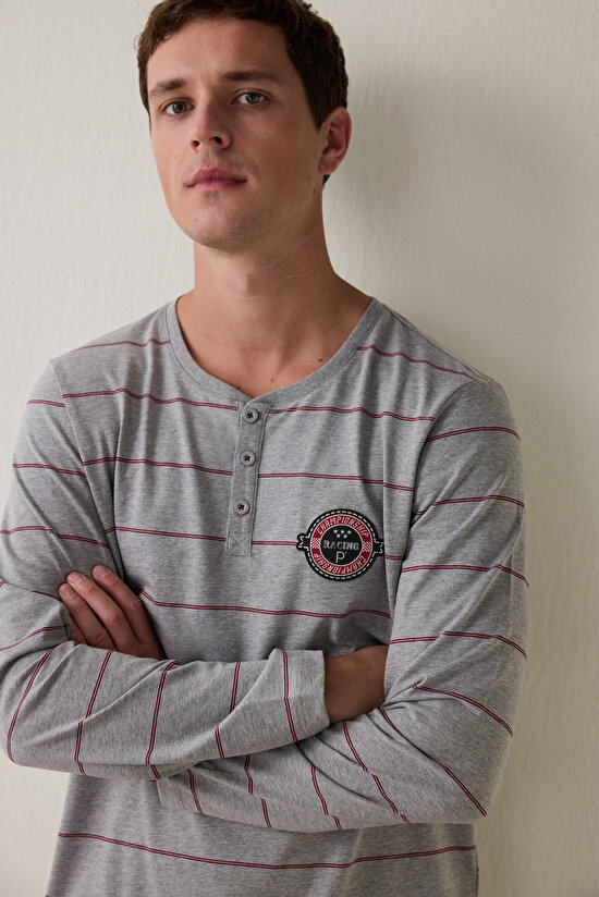 Melanj Erkek Çizgili Oversize Pijama Takımı - 4