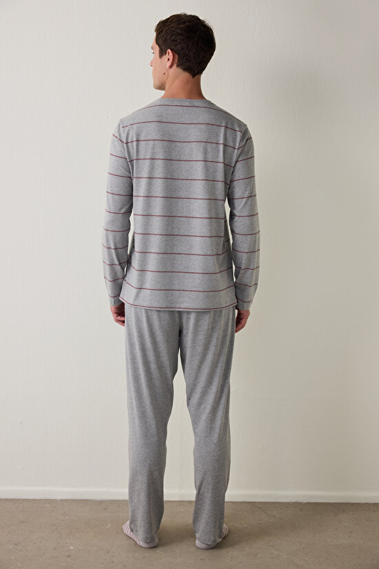 Melanj Erkek Çizgili Oversize Pijama Takımı - 6