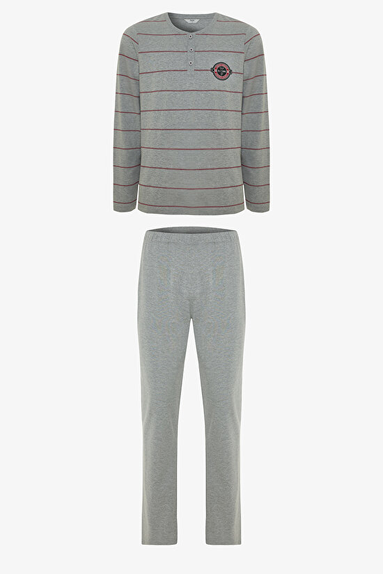 Melanj Erkek Çizgili Oversize Pijama Takımı - 7