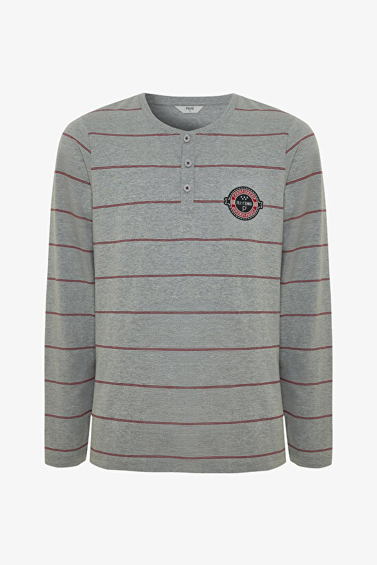 Melanj Erkek Çizgili Oversize Pijama Takımı - 8