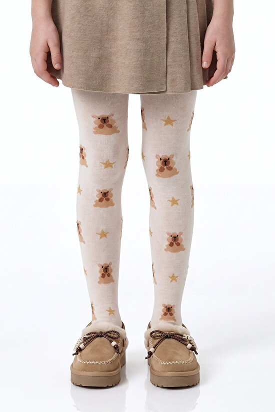 Girls' Marshmallow Pretty Teddy Star Bear Print Cotton Tights - 1