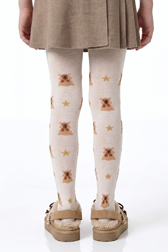 Girls' Marshmallow Pretty Teddy Star Bear Print Cotton Tights - 2