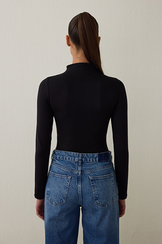 Siyah Yarım Balıkçı Yaka Uzun Kollu Bodysuit - 6