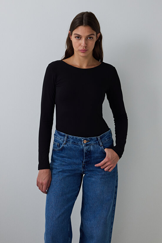 Siyah Bisiklet Yaka Uzun Kollu Slim Fit Sabit Kaplı Üst - 1
