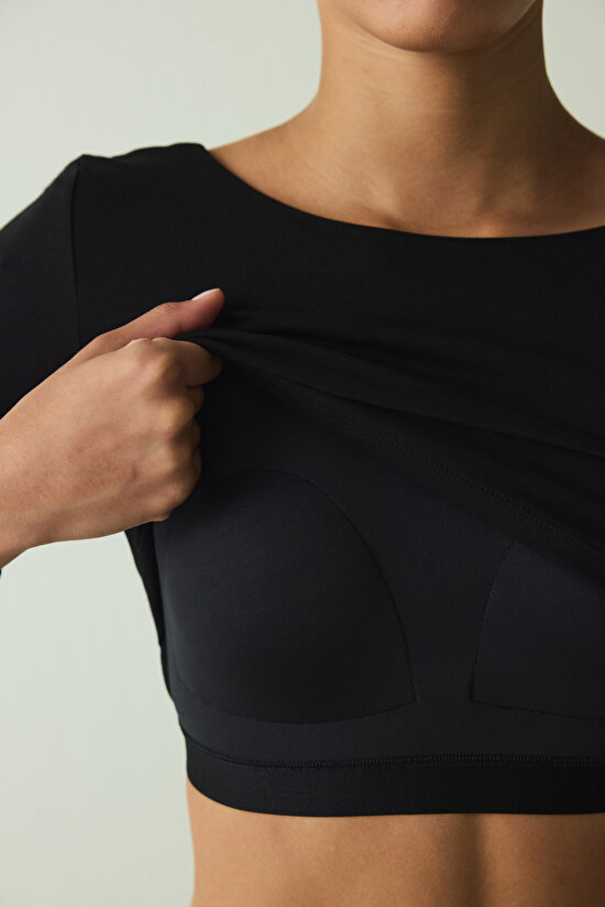 Black Crew Neck Long Sleeve Slim Fit Fixed Coat Top - 3