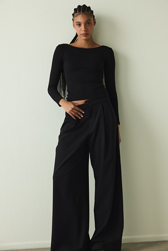 Black Crew Neck Long Sleeve Slim Fit Fixed Coat Top - 4