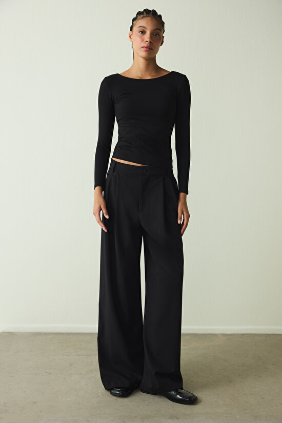 Black Crew Neck Long Sleeve Slim Fit Fixed Coat Top - 5