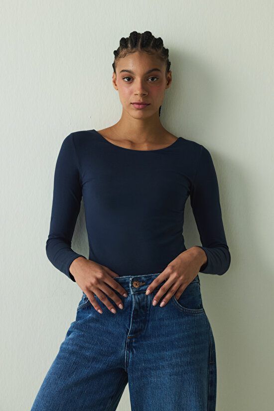 Lacivert Bisiklet Yaka Uzun Kollu Sabit Kaplı Slim Fit Üst - 1