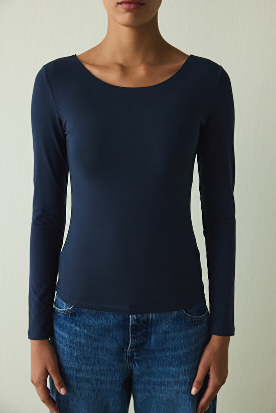 Navy Blue Crew Neck Long Sleeve Fixed Coat Slim Fit Top - 5