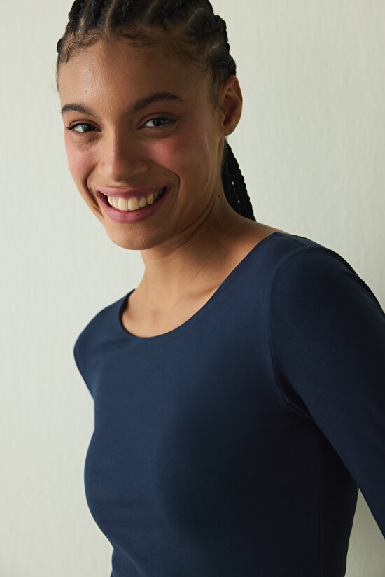 Navy Blue Crew Neck Long Sleeve Fixed Coat Slim Fit Top - 6