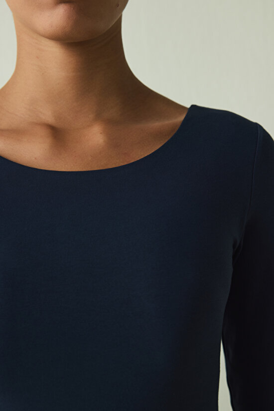 Navy Blue Crew Neck Long Sleeve Fixed Coat Slim Fit Top - 7