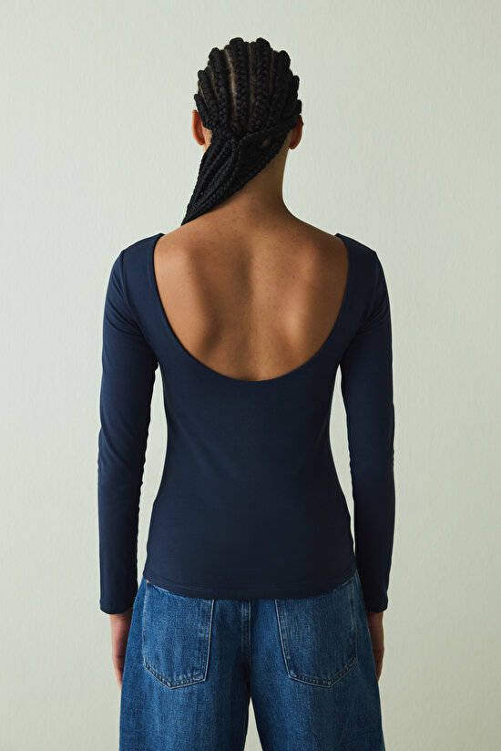 Navy Blue Crew Neck Long Sleeve Fixed Coat Slim Fit Top - 8