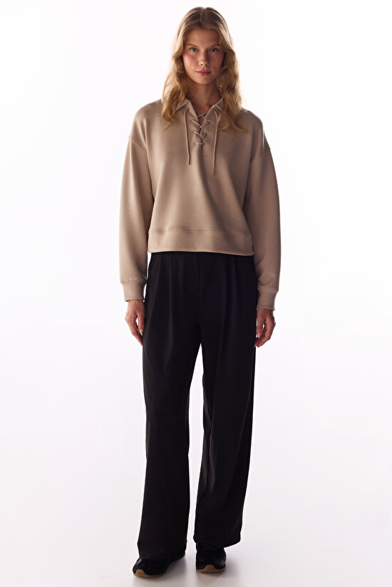 Bej İpeksi Dokunuş Silky Touch Bağcıklı Uzun Kollu Sweatshirt - 3