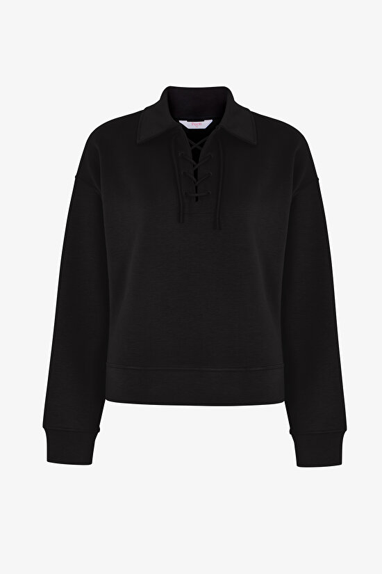 Siyah İpeksi Dokunuş Silky Touch Bağcıklı Uzun Kollu Sweatshirt - 1