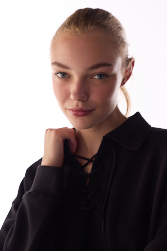 Siyah İpeksi Dokunuş Silky Touch Bağcıklı Uzun Kollu Sweatshirt - 3