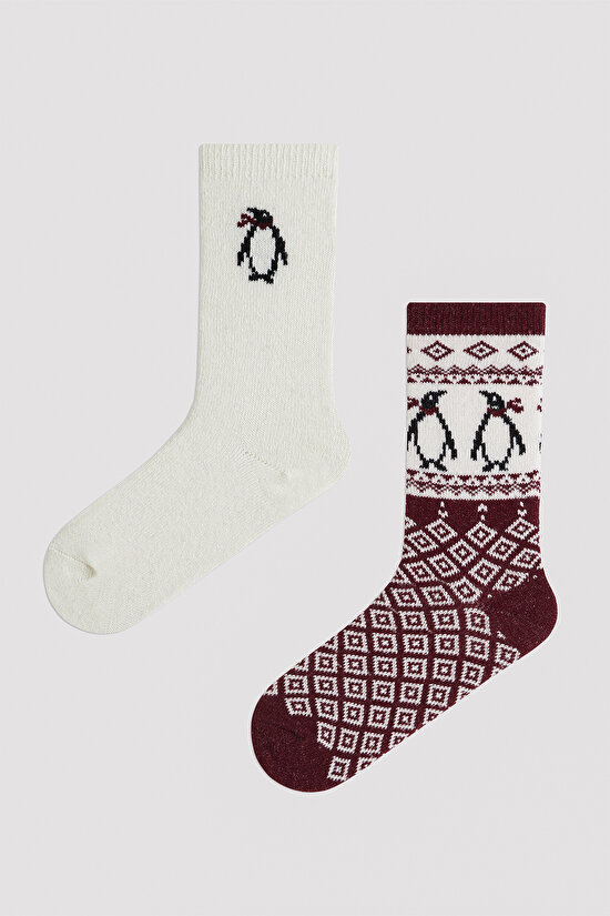 New Year Penguin Bordo 2li Soket Çorap - 3