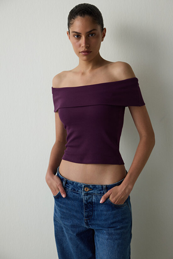 Purple Madonna Collar Sleeveless Slim Fit Fixed Covered Top - 3