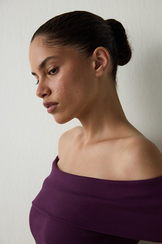 Purple Madonna Collar Sleeveless Slim Fit Fixed Covered Top - 5