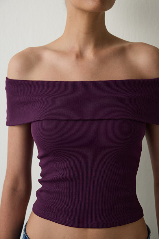 Purple Madonna Collar Sleeveless Slim Fit Fixed Covered Top - 6