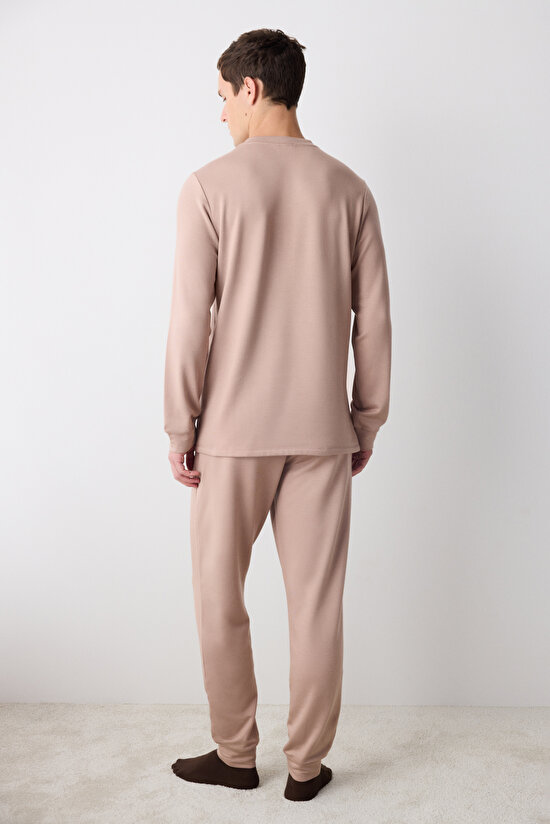 Basic Bej Jogger Pantolon Pijama Takımı - 7