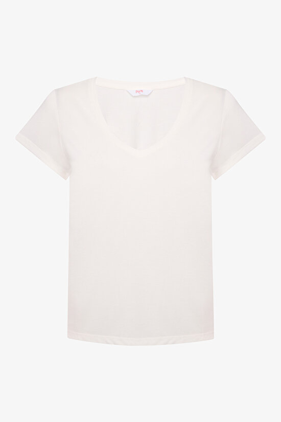 Beyaz V Yaka Regular Fit Modal Tişört - 6