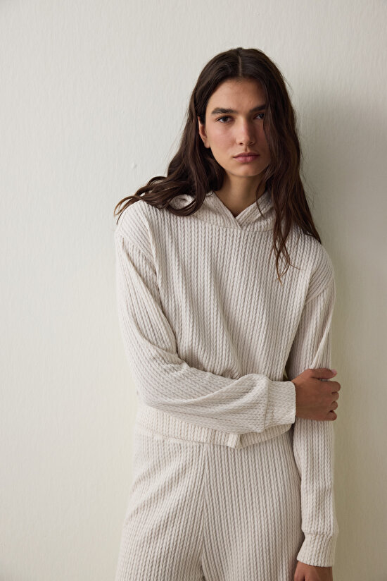 Ekru Örgü Detaylı Kapüşonlu Sweatshirt - 3