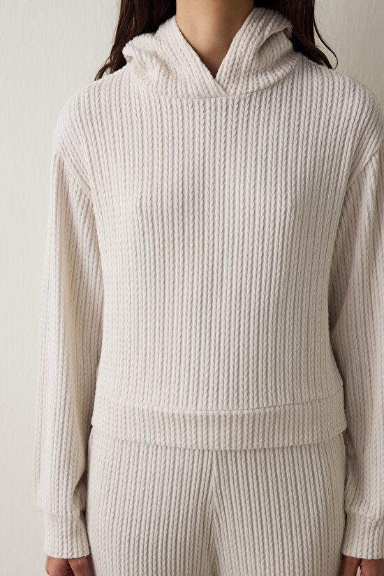 Ekru Örgü Detaylı Kapüşonlu Sweatshirt - 4