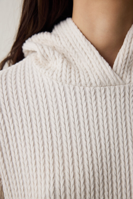 Ekru Örgü Detaylı Kapüşonlu Sweatshirt - 5