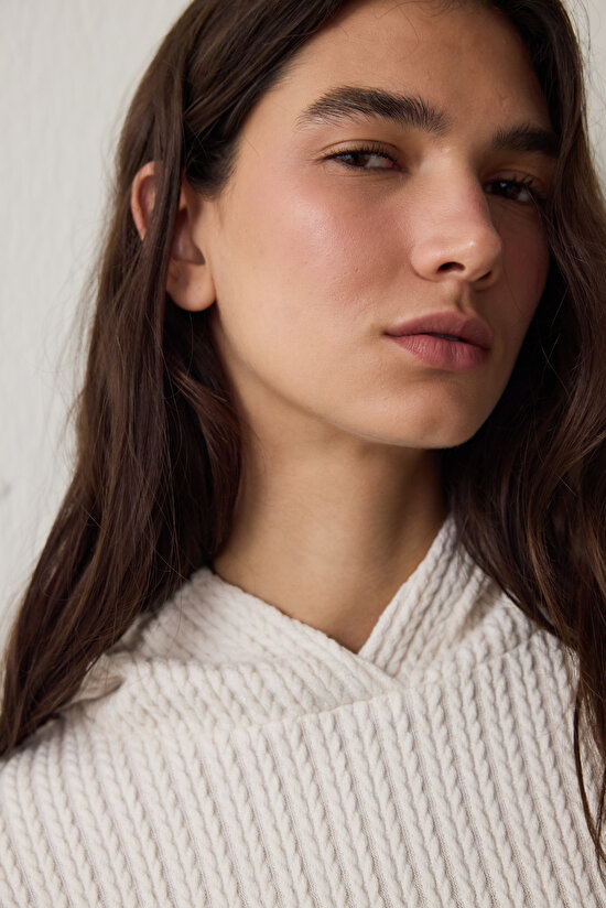 Ekru Örgü Detaylı Kapüşonlu Sweatshirt - 6
