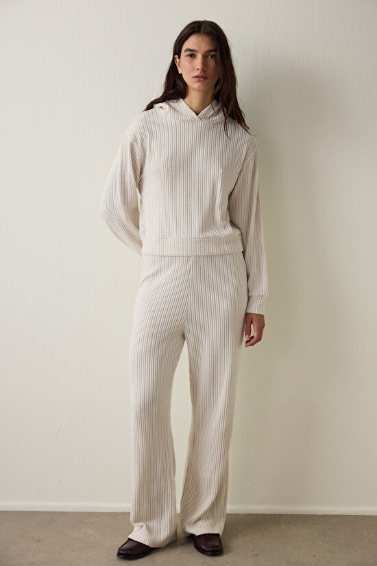 Ekru Örgü Detaylı Kapüşonlu Sweatshirt - 7