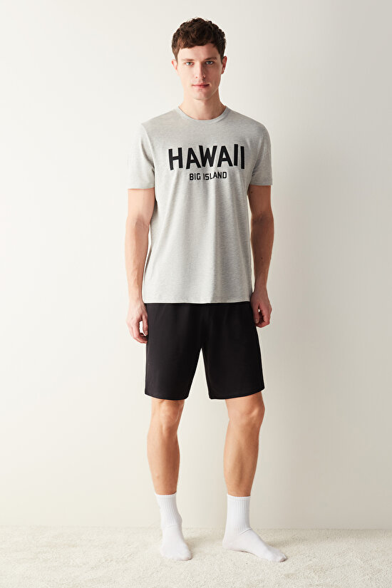 Erkek Hawaii Çok Renkli Şort Pijama Takımı - 1