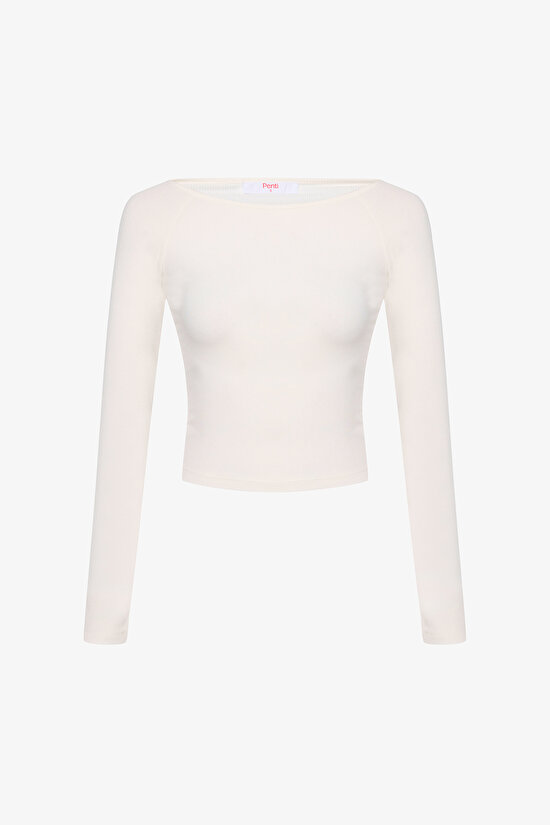 Beyaz Geniş Yaka Ribli Uzun Kollu Üst - 6