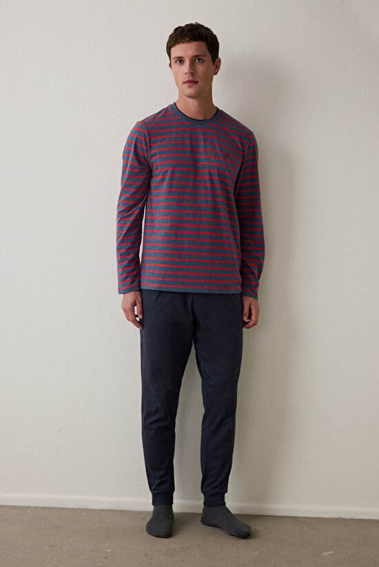 Kırmızı Erkek Çizgili Jogger Pijama Takımı - 1