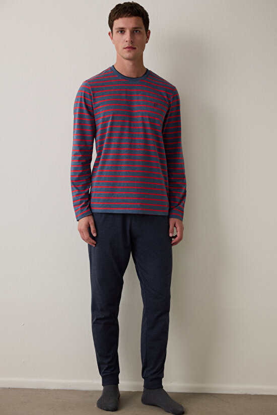 Kırmızı Erkek Çizgili Jogger Pijama Takımı - 2