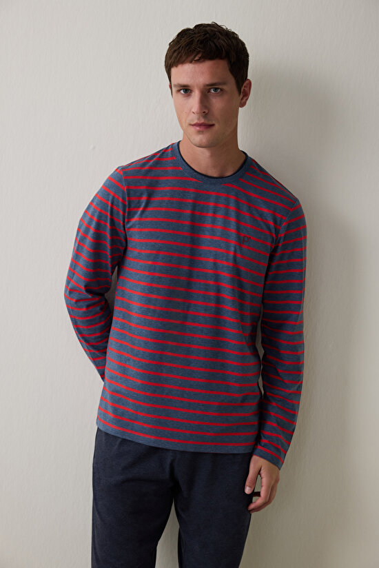 Kırmızı Erkek Çizgili Jogger Pijama Takımı - 3