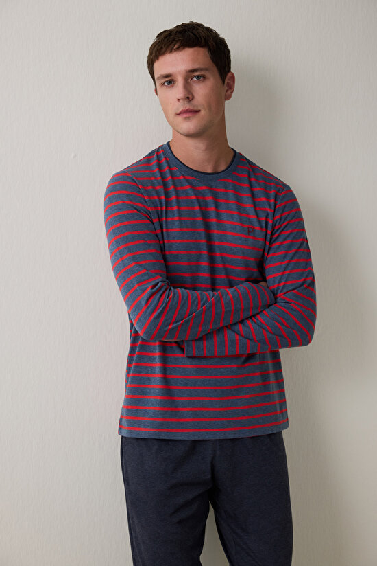 Kırmızı Erkek Çizgili Jogger Pijama Takımı - 4