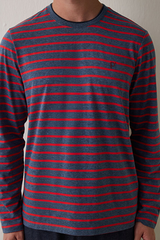 Kırmızı Erkek Çizgili Jogger Pijama Takımı - 7