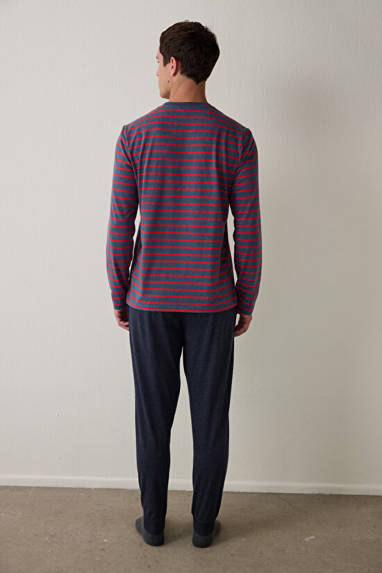 Kırmızı Erkek Çizgili Jogger Pijama Takımı - 9