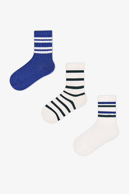 Boys' Blue Sailor Stripes Striped Cotton 3 Pack Ankle Socks - 1