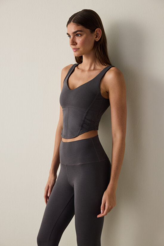 Anthracite V Neck Removable Coated Sports Crop Top - 3