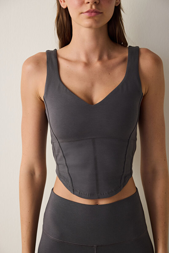 Anthracite V Neck Removable Coated Sports Crop Top - 4