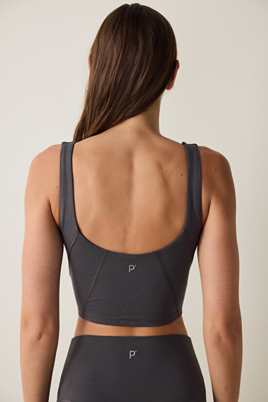 Anthracite V Neck Removable Coated Sports Crop Top - 7