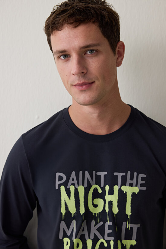 Çizgili Night Erkek Bisiklet Yaka Uzun Kollu Pijama Takımı - 3